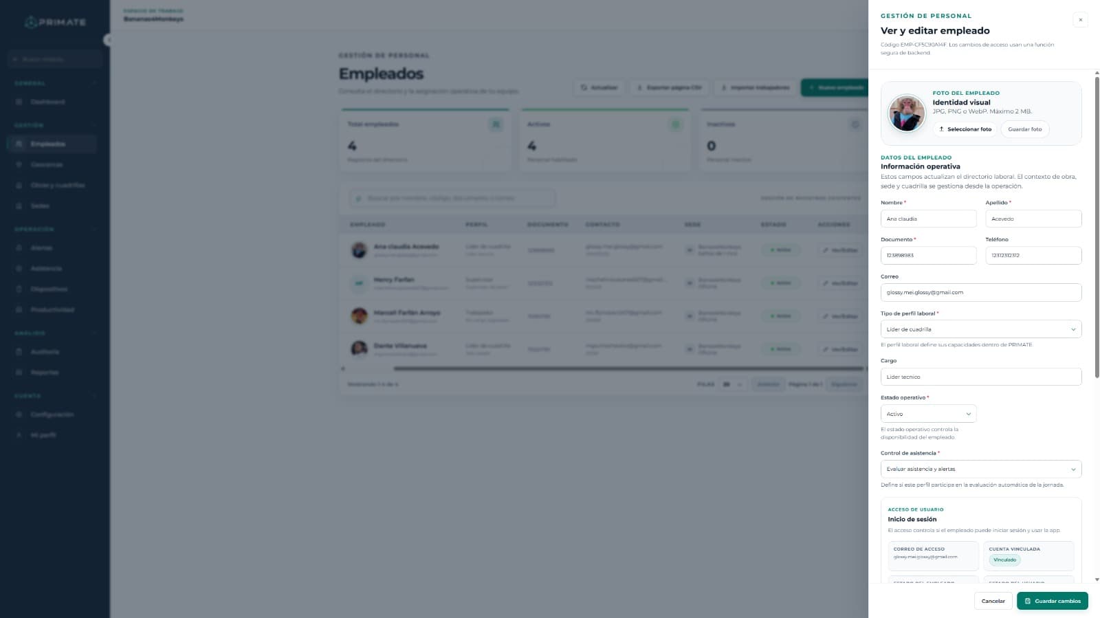 Panel de edición y configuración de un empleado en PRIMATE