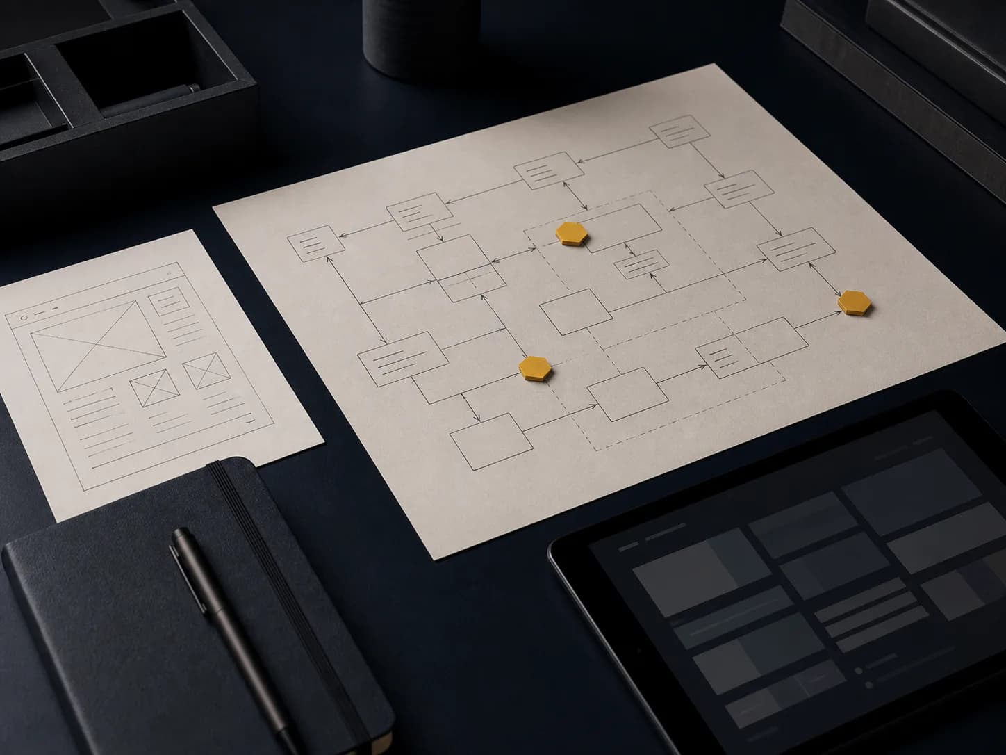 Mesa de trabajo con un mapa de proceso, bocetos de interfaz y decisiones marcadas antes de construir software.