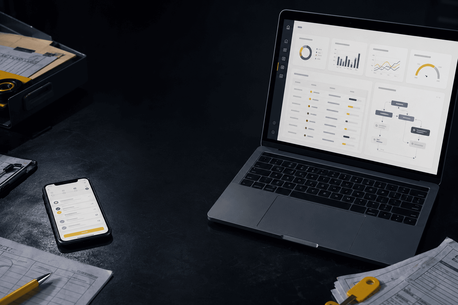 Laptop con un dashboard de operaciones y una aplicación móvil para resolver problemas de trabajo reales.