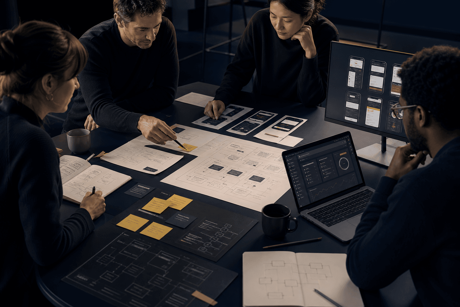 Equipo de producto, diseño e ingeniería colaborando desde la investigación hasta el desarrollo.